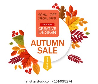 Hello autumn, autumn leaves flat, colored leaves isolated set, autumn elements, autumn banner, sale banner vector illustration