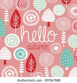 Hello Autumn leaves flowers and fall winter garden illustration postcard cover design template typography background pattern in vector