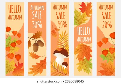 Hello autumn. Autumn leaves with mushrooms, cep,physalis. Set sale banners, postcard, poster. Vector illustration EPS10.