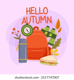 Hello autumn lettering with camping elements. Compass, thermos flask, binoculars, sandwich and leaves on background. Autumn and camping concept. Vector illustration can be used for poster or postcard