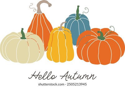 Hello autumn lettering and colorful hand drawn pumpkins. Fall composition with pumpkins.