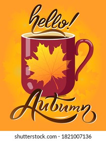 Hola, otoño. Grabar composición con una taza de té caliente sobre fondo amarillo. Estilo plano de ilustración de vector