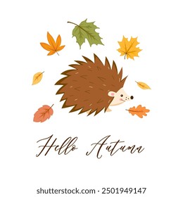 Hello autumn lettering with cute hedgehog and falling autumn leaves