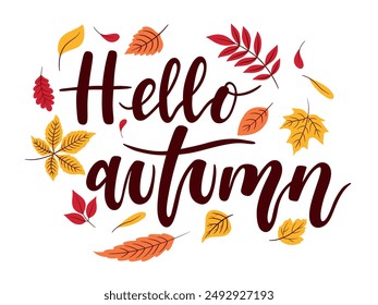 Hello Autumn. Autumn lettering with fall elements. Autumn leaves of different colors and shapes.