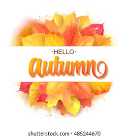 Hello autumn lettering. Fall leaf. Typographic template. Round bouquet of leaves. Vector illustration EPS 10