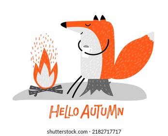 Hello Autumn lettering with Fox sitting on stump by bonfire. Cartoon smiling character in camping. Vector hand drawn illustration isolated on white background. Flat design for web banner, poster.