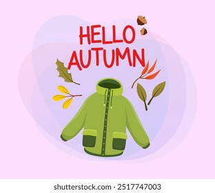 Hello autumn lettering with green rain jacket, acorn and leaves on abstract background. Handwritten text, calligraphy. Autumn concept. Vector illustration can be used for poster or postcard