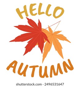 Hello autumn lettering with japanese maple leaves on white background. Vector illustration.