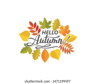 hello autumn lettering label with woody leaves isolated on white background