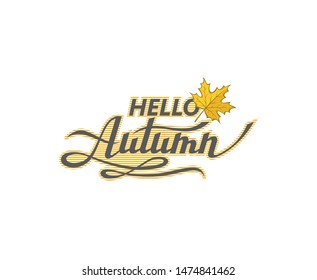 hello autumn lettering label with woody leaves isolated on white background