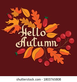 Hello autumn lettering. Autumn leaves on red background. Print for textiles, clothing, notebook cover. 