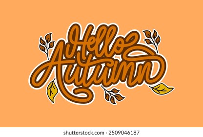 Hello Autumn lettering with leaves on an orange background.  3d text effect 