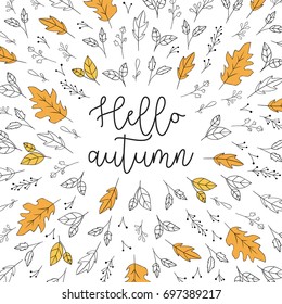 Hello autumn lettering with leaves pattern background. Vector illustration