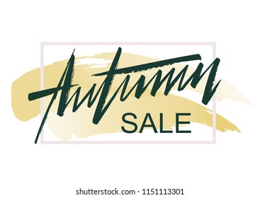 Hello Autumn, lettering logotype, typography icon. Trade label or card template. Calligraphy whits background. Typography pocter. EPS 10