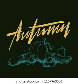 Hello Autumn, lettering logotype, typography icon. Trade label or card template. Calligraphy whits background. Typography pocter. EPS 10