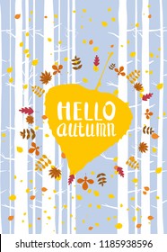 Hello autumn, lettering on an autumn leaf, fall, background landscape forest, tree trunks, template for banner, poster, vector, illustration, isolated