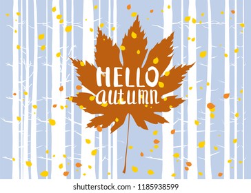 Hello autumn, lettering on an autumn leaf, fall, background landscape forest, tree trunks, template for banner, poster, vector, illustration, isolated