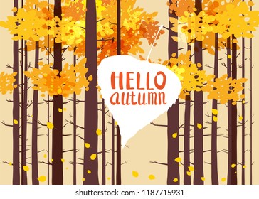 Hello autumn, lettering on an autumn leaf, fall, background landscape forest, tree trunks, template for banner, poster, vector, illustration, isolated