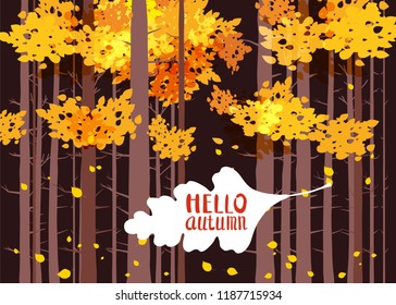 Hello autumn, lettering on an autumn leaf, fall, background landscape forest, tree trunks, template for banner, poster, vector, illustration, isolated