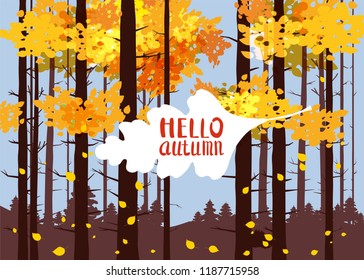 Hello autumn, lettering on an autumn leaf, fall, background landscape forest, tree trunks, template for banner, poster, vector, illustration, isolated