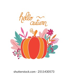 Hello autumn lettering. Orange pumpkin and autumn leaves illustration on a white background. Vector illustration.