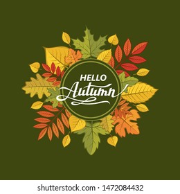 hello autumn lettering pattern with woody leaves isolated on dark background