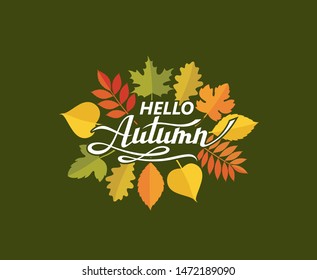 hello autumn lettering pattern with woody leaves isolated on dark background