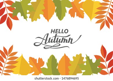hello autumn lettering pattern with woody leaves isolated on white background