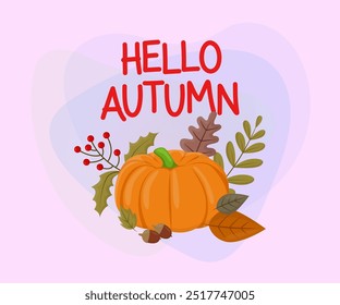 Hello autumn lettering with pumpkin, acorn and leaves on abstract background. Handwritten text, calligraphy. Autumn concept. Vector illustration can be used for poster or postcard