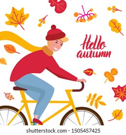 Hello autumn lettering quote card. Young man in a knitted hat on a bicycle woth bright yellow leaves on white background. Healthy lifestyle and recreation leisure activity. Vector flat illustration