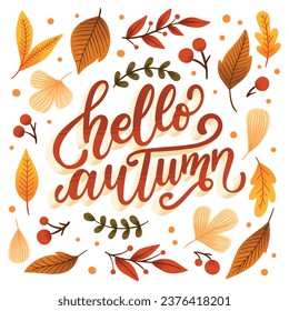 Hello autumn lettering quote with september leaves. Hello autumn typography design inspiration
