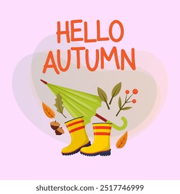 Hello autumn lettering with rain boots, umbrella and September leaves on abstract background. Handwritten text, calligraphy. Autumn concept. Vector illustration can be used for poster or postcard