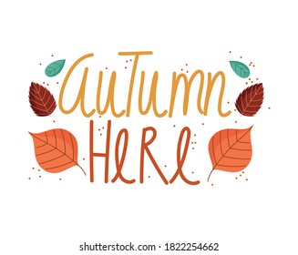 hello autumn, lettering and seasonal leaves foliage card vector illustration