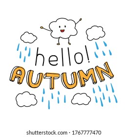 ¡Hola, otoño! Leer con una nube sonriente y gotas de lluvia azules.