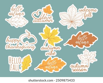 Hello autumn lettering sticker pack. Outline and flat vector illustrations of autumn elements with fall season slogans and welcome phrase for stickers, card, label, web, sales, Thanksgiving Day decor