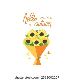 Hello autumn lettering with sunflower bouquet. Vector illustration on a white background. Vector illustration.