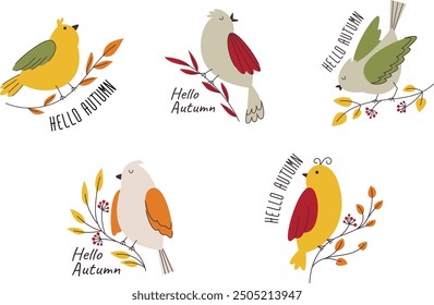 Hello Autumn lettering text. Hand-drawn autumn birds sitting on tree branches.