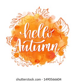 Hello, Autumn lettering text. Template design of logo, stamp silhouette, card. Watercolor orange texture. Vector illustration