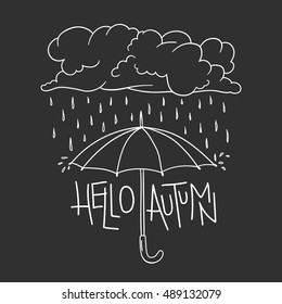 Hello Autumn lettering  umbrella  cloud  rain  raindrops