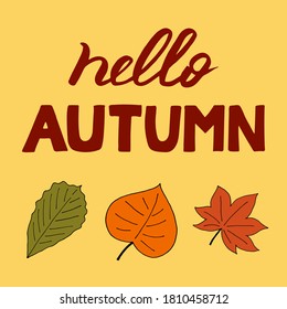 Hello autumn lettering, vector illustration. Composition with calligraphy and fall leaves. Handwritten phrase for cards, banner, poster. Hand drawn quote for print, decoration, seasonal design