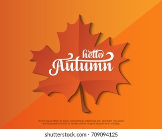 hello Autumn logo design templates for cards, poster, banners, flyers, presentations. Hello autumn logo inscription with orange maple leaf. vector illustrator