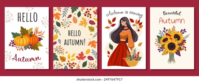 Hello Autumn. Love autumn. Universal Autumn cards. Leaves bouquet flowers twigs. For flyer, poster, banner, brochure, email header. isolated on white background