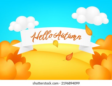 Hello autumn. Meadow 3d vector illustration. Bright landscape of harvest valley, kids background. Colorful cute scenery with fall season yellow field, trees, blue sky, clouds for children's sites.