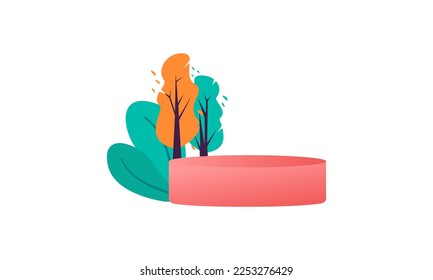Hola Otoño fondo mínimo con amarillo otoñal, hojas anaranjadas y podio del producto. El otoño deja un fondo para el diseño de los carteles de otoño, afiches, anuncios, tarjetas, ventas