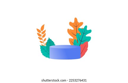 Hello Autumn minimal background with autumn yellow, orange leaves and product podium. Fall leaves background for the design of Fall banners, posters, advertisements, cards, sales