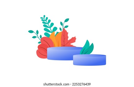 Hello Autumn minimal background with autumn yellow, orange leaves and product podium. Fall leaves background for the design of Fall banners, posters, advertisements, cards, sales