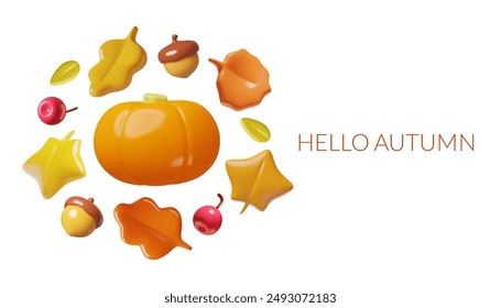 Hello autumn minimal banner with 3d vector nature icons collection - pumpkin, acorns, leaves and berries. Cute toy three dimensional botanical design elements set on white background.