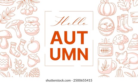 Hello autumn, minimalist horizontal banner or background with greeting text. Side frame, fall seasonal cozy elements, food, clothes, mushrooms, animals. For poster, flyer, card, invitation