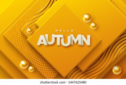 Hello autumn. Modern cover design. Vector seasonal 3d illustration. Abstract background with orange geometric planes textured with golden patterns and spheres. Minimal composition with square shapes