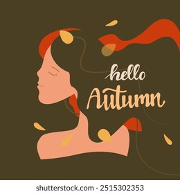 Hello Autumn. Mother Autumn. Square banner in autumn color palette with fallen leaves and inscriptions. Hello autumn. Vector illustration.